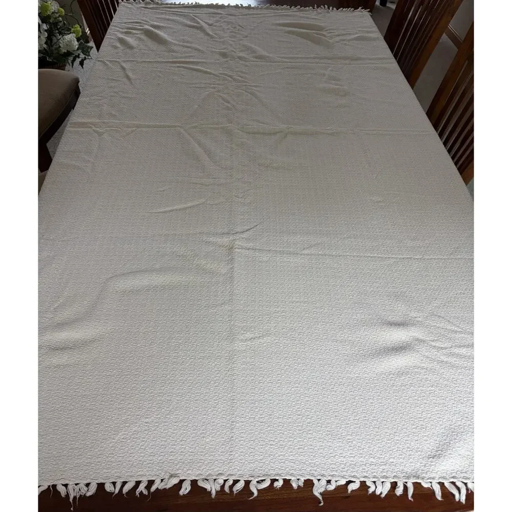 Oversized Cream Throw Blanket Textured Woven Cotton Fringe Edges 76x52 Vintage